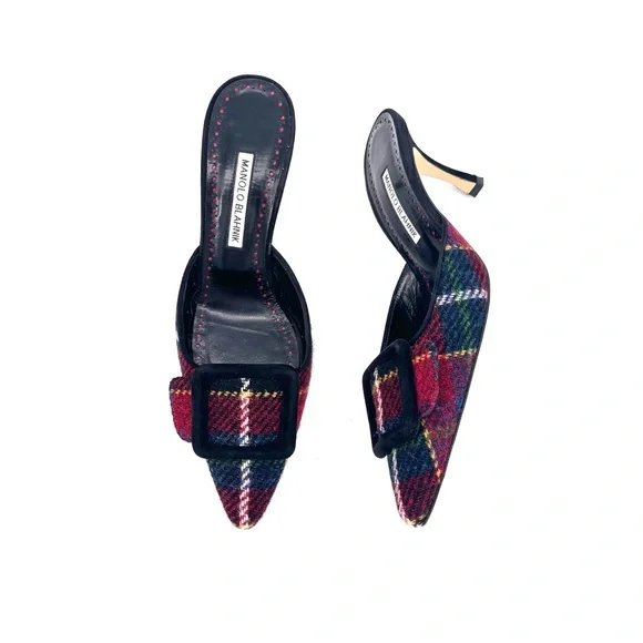 Manolo Blahnik Maysale Plaid Tweed Slip On Kitten Heel Mules 39.5 - Picture 4 of 10